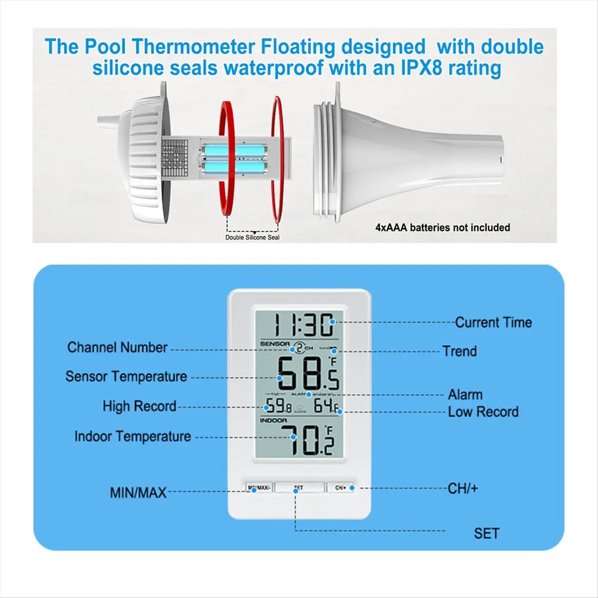 Wireless Pool Thermometer Digital Temperature Sensor with Memory 24H LCD Display for Swimming Pool Tub
