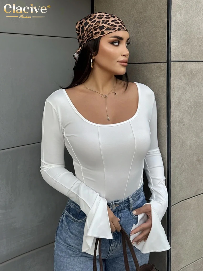 

Clacive Sexy Slim White Women T Shirt 2026 Bodycon Square Collar Long Sleeve T-Shirts Elegant Classic Solid Top Female Clothing