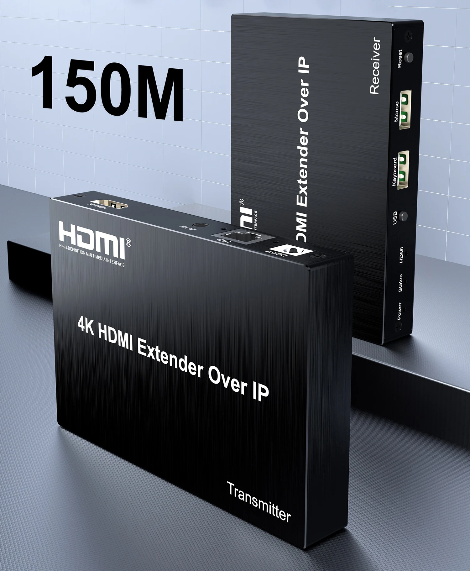 HDMI KVM 익스텐더 IP Rj45 Cat5e Cat6 이더넷 케이블, HDMI 익스텐더 비디오 송신기, 리시버 지지대 키보드 마우스, 4K 150M