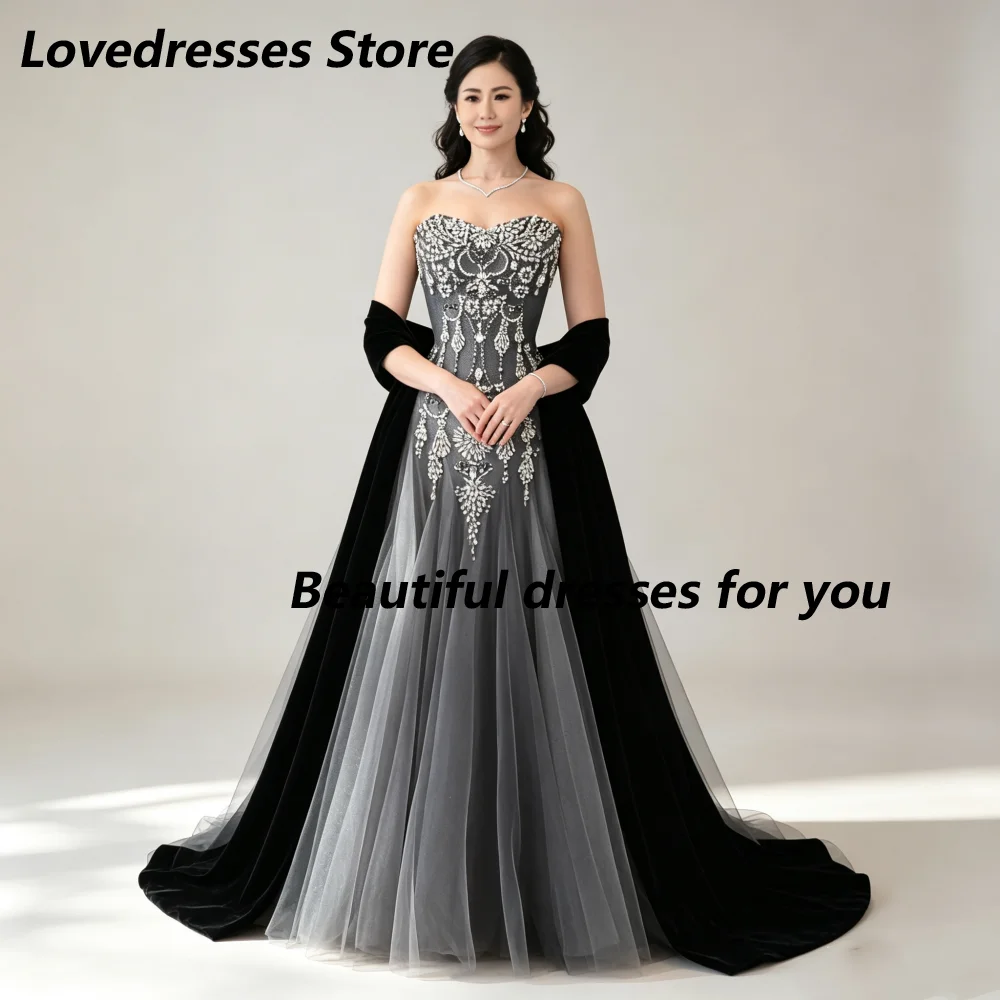 Customized Tulle Strapless Sweetheart Heavy  Mother Of Bride Dresses Crystal Beaded Tulle A Line Train Formal Wedding Guest Gown