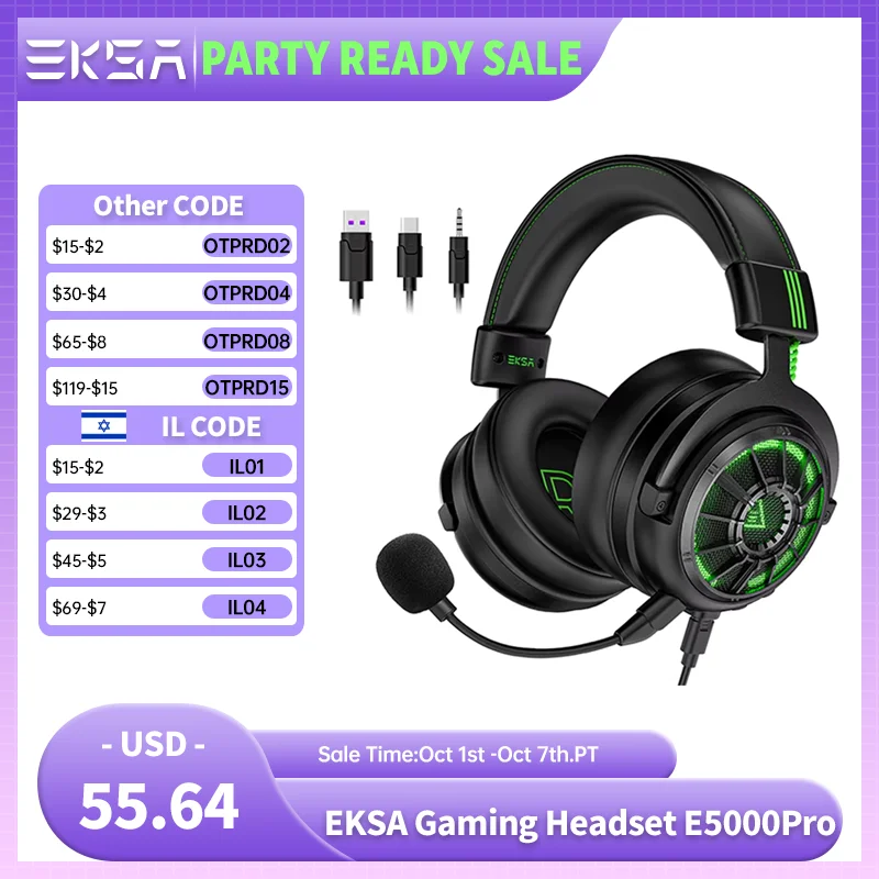 Cuffie da Gaming EKSA E5000 Pro, Audio Surround 7.1, Cuffie Cablate con Driver da 50mm, Microfono ENC, USB Type-C, Connettore 3.5mm Rimovibile, per PC, PS4, Xbox