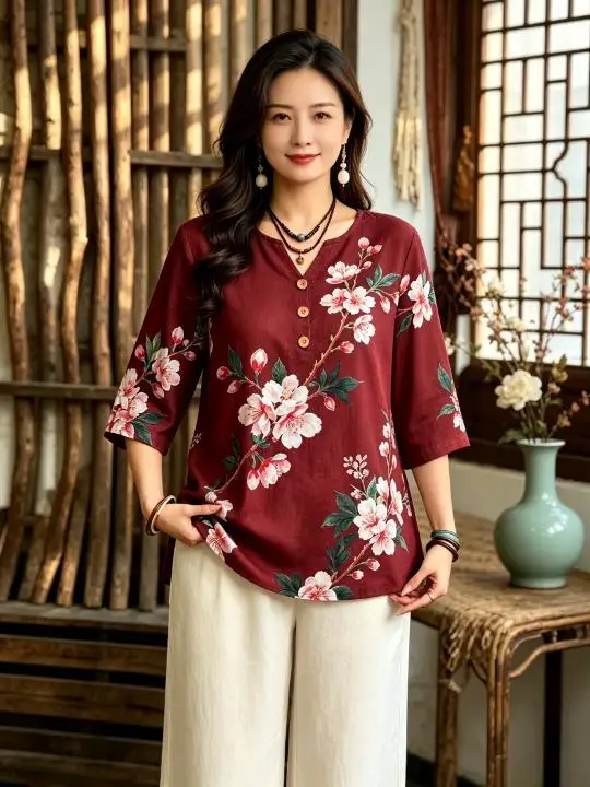 Oriental Watercolor Flower Branch All Over Print Women Blouse 3/4 Sleeve Notch V Neck Decor Button Casual Tops
