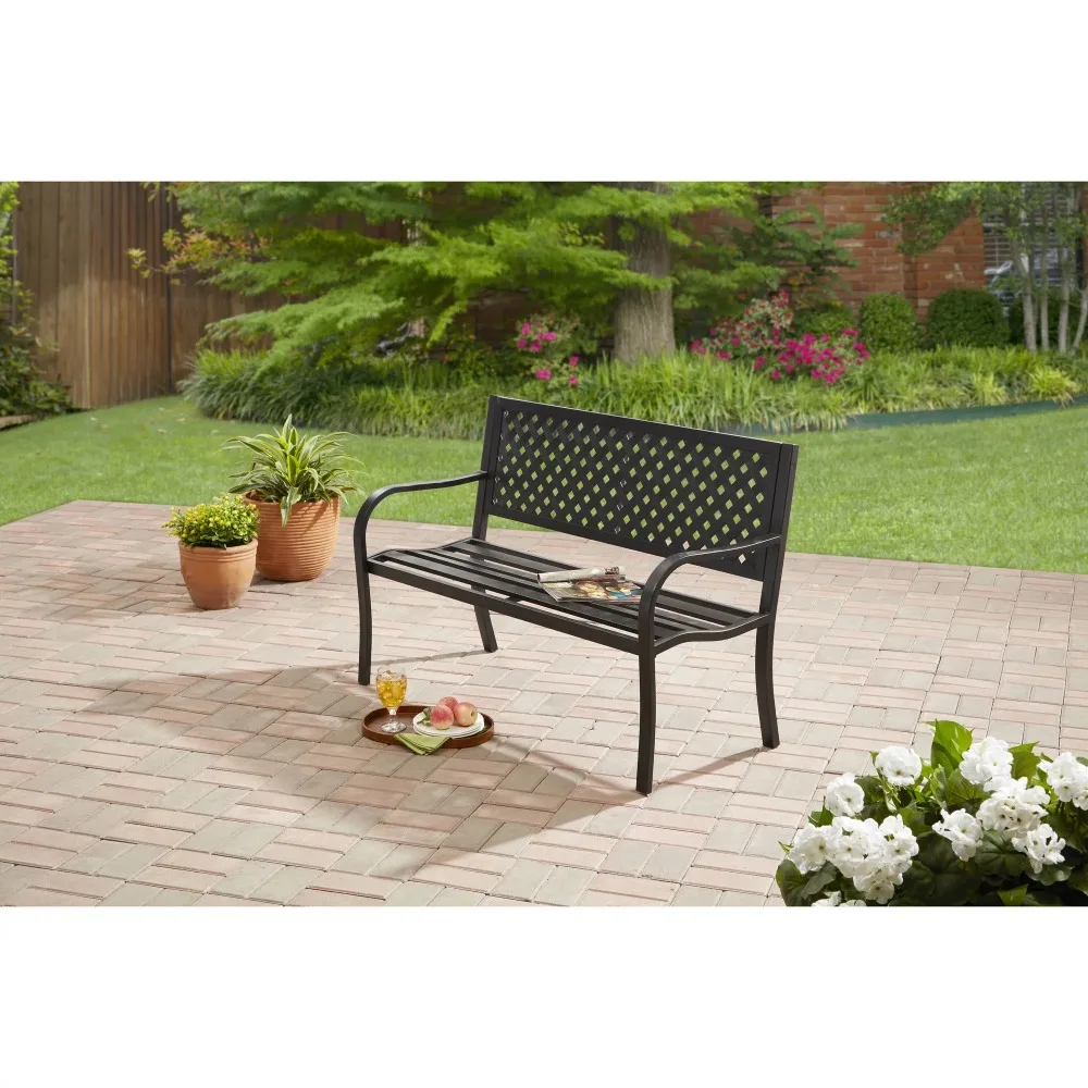 

Lattice High Back Slat Seat Steel Garden Bench, Black