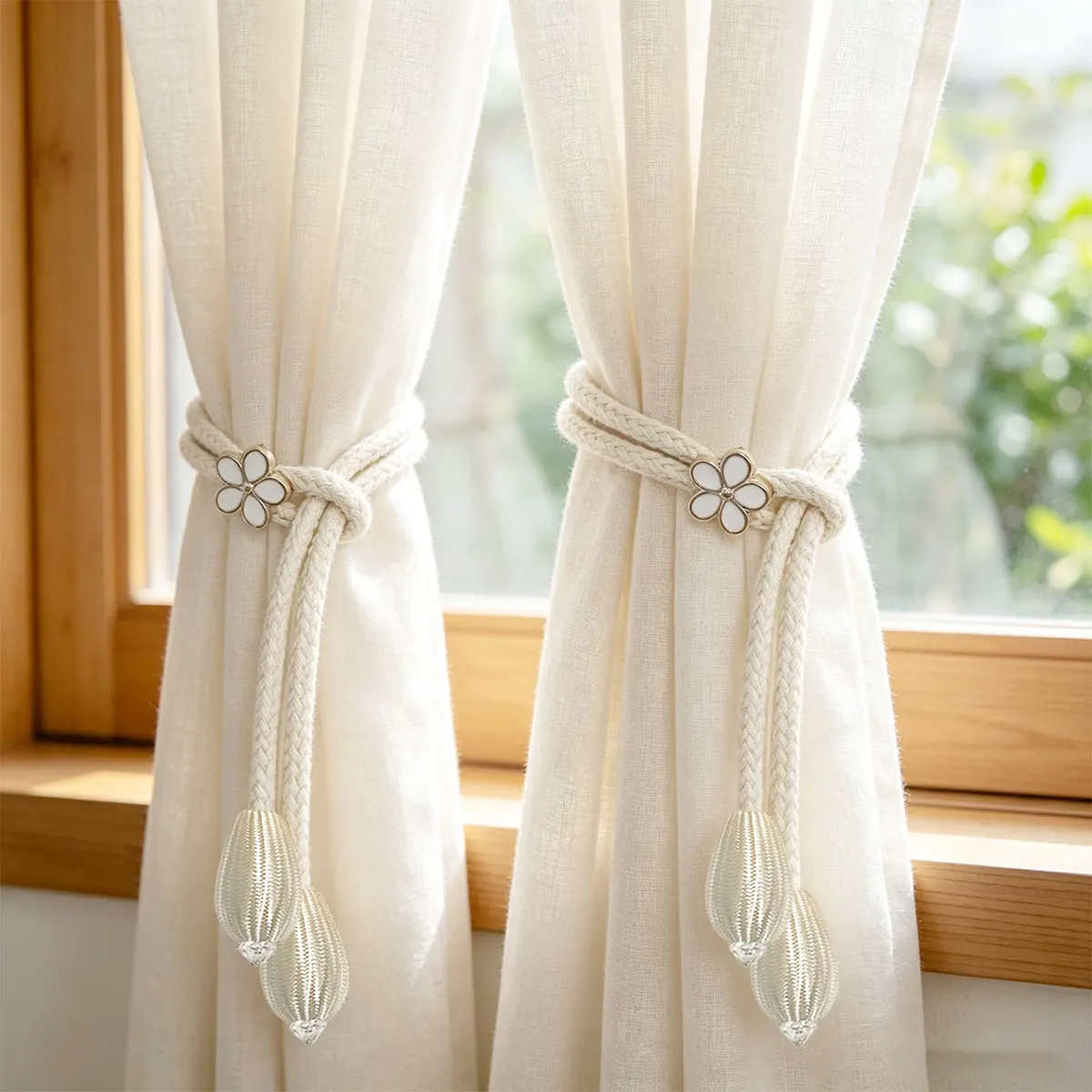 2pcs Flower Shell Tassel Curtain Tiebacks, Cream Japanese Wood Ins Style, Hand Woven Rope Window Decor for Bedroom Homestay view 2