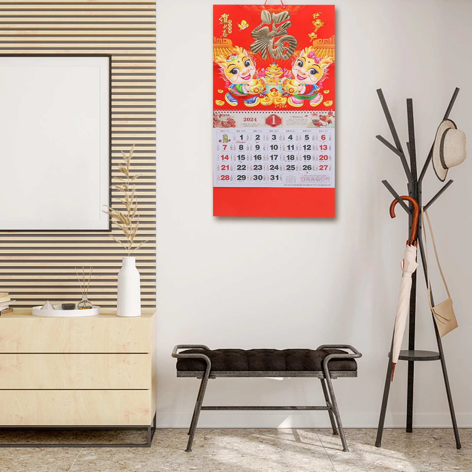 

2024 Dragon Year Blessing Calendar Gold Leaf Premium Print Lunar Date Home Accessory Wall Planner Safe Material Practical Gift