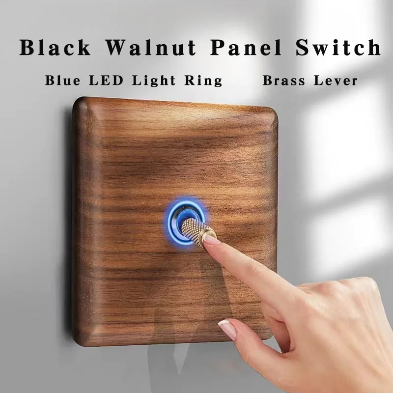 

86mm x 86mm Retro Black Walnut Panel Brass Lever Switch Home EU/RU/FR/Standard Wall Light Switch Blue LED Light Ring 10A 250V