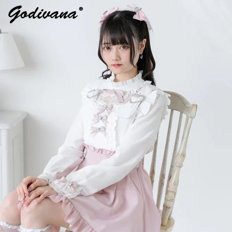 Japanese Mine Cute Bow Lotus Leaf Long Sleeve Shirt Spring and Autumn Girl Women's Lolita Blouse Sweet Tops