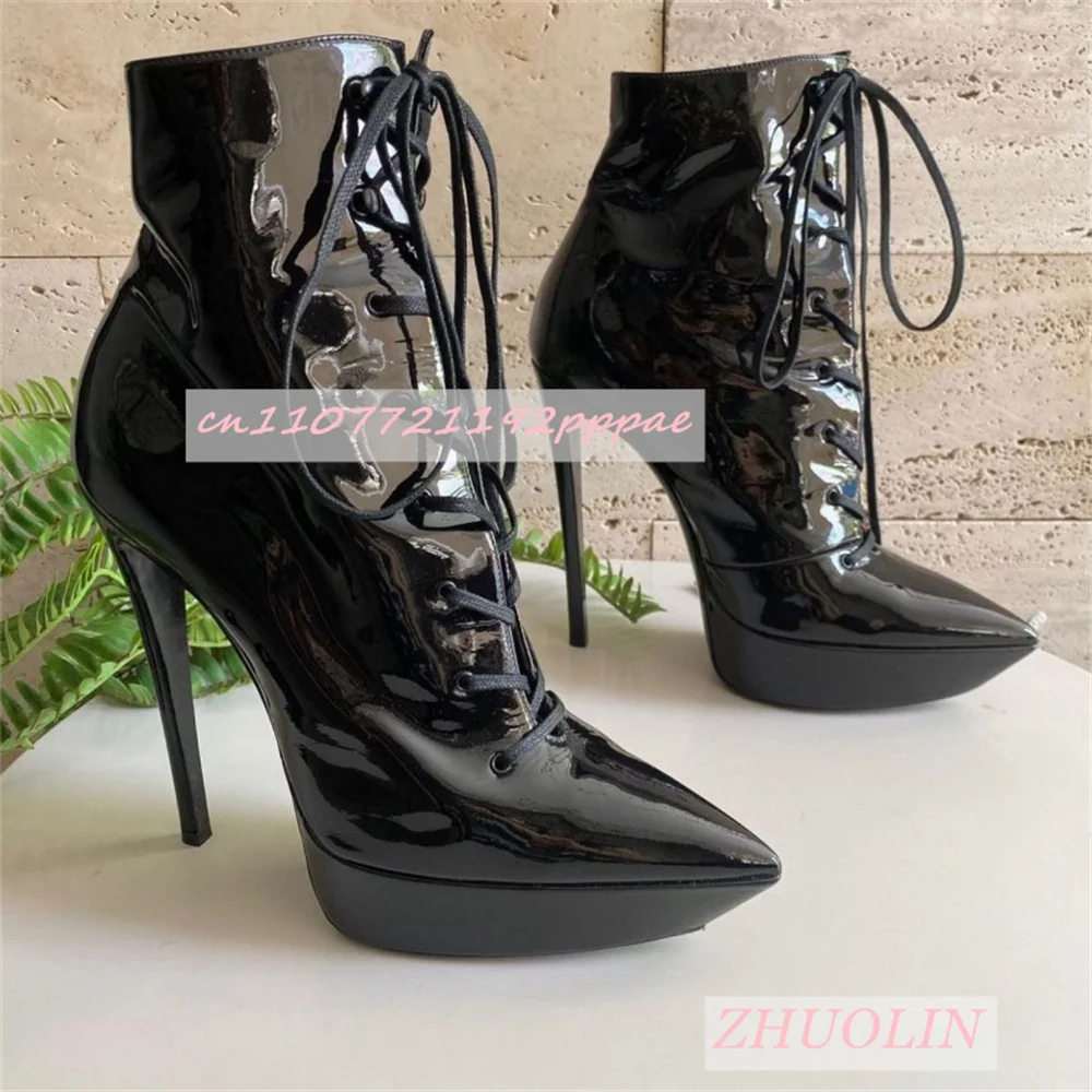 Winter Black Pointed Toe Thick-Soled Boots For Women Shiny Stiletto Lace-Up Ankle Boots Sexy Pole Dance Party Boots Large Size