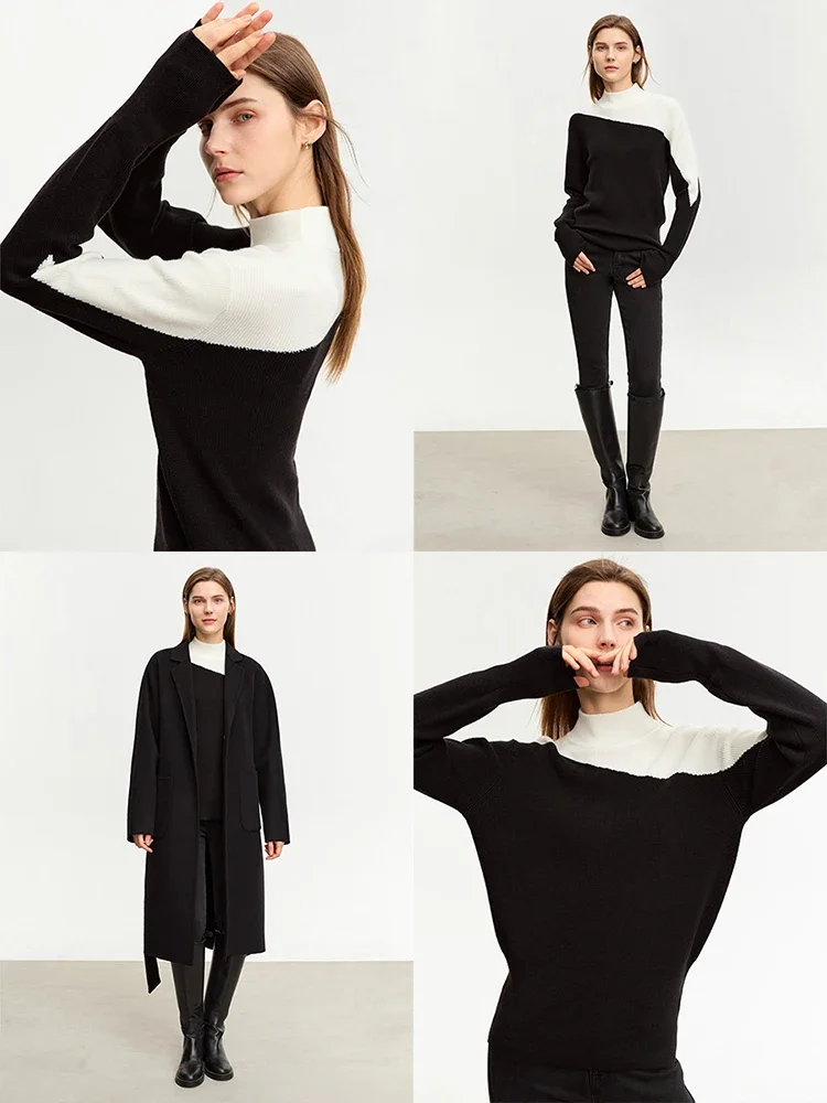 AMII Minimalist Sweater For Women Color Block Patchwork 2023 New Commuter Mock Neck Winter Soft Knitwears Jumper Female 12354032