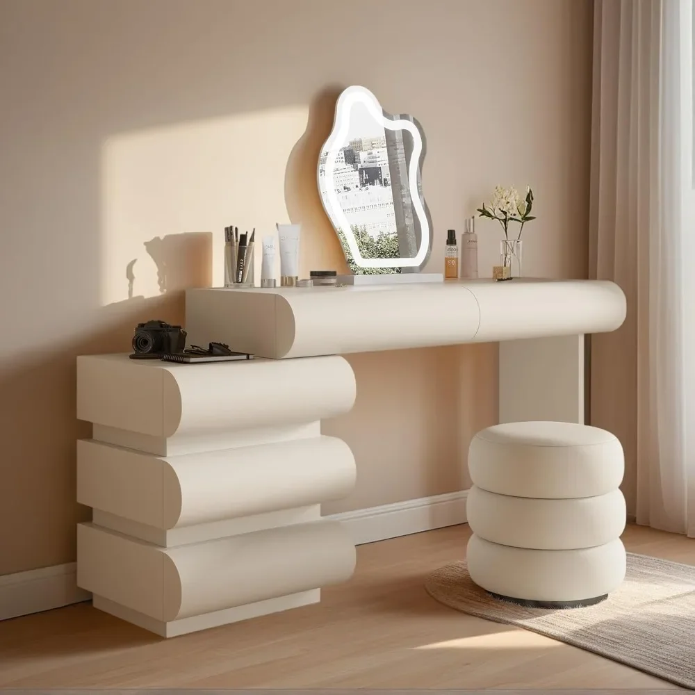 

White Makeup Vanity Desk with Mirror and Lights, Luxury Vanity Set with Side Cabinet, Microfibre Leather Wrapped Dressing Table