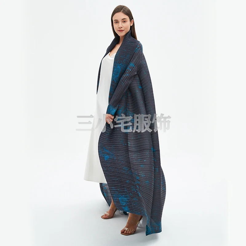 YUDX Miyake Long Sleeve Printed Dress Windbreak Women 2024 Winter New Original Designer Abayas Turndown Collar Belted Coats