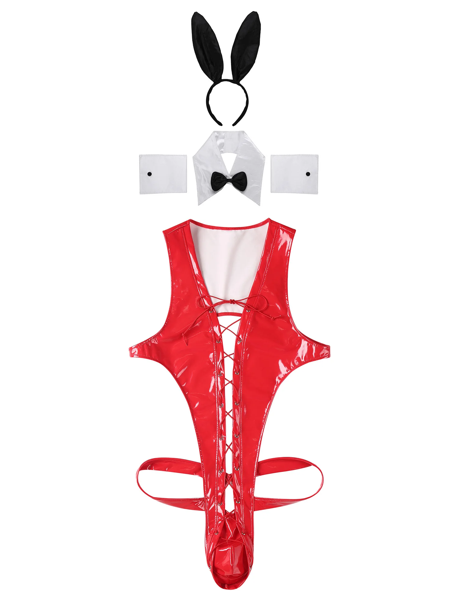 

Men Lingerie Bunny Role Play Nightwear Lace-up T-back Bodysuit with Rabbit Ears Headband Collar Bowtie And Cuffs Sexy Nightwear