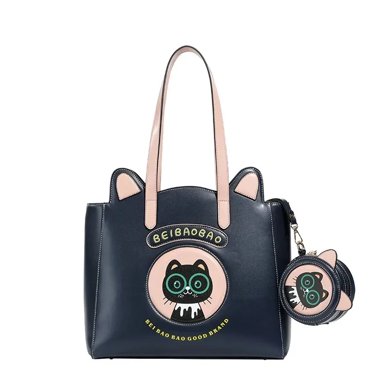

Cute Cat Ear Tote Bag for Women Original Brands Large Capacity Cartoon Faux Leather Handbag with Coin Purse Kawaii Shoulder Bag
