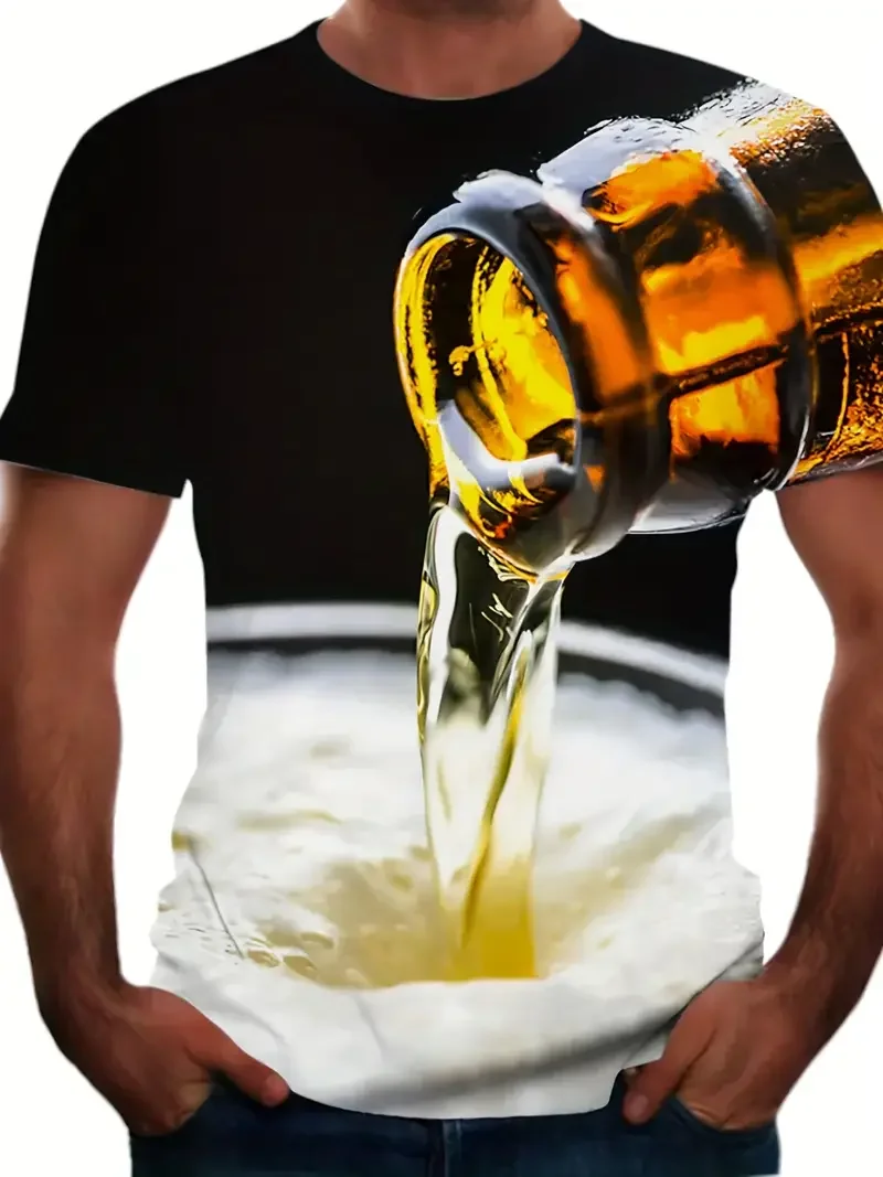 

Interesting Beer Pattern 3D Printing T-Shirt, Summer Men's Casual Street Style Stretch Round Neck T-Shirt