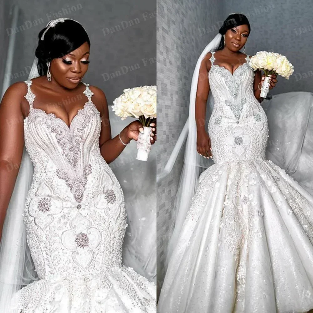 

Новые индивидуальные свадебные платья в африканском арабском стиле, роскошные, фасон «русалка», с кристаллами, бисером, на тонких бретельках, с кружевными аппликациями, жемчугом и цветами