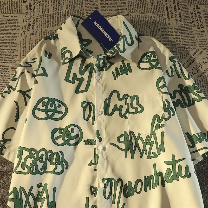 Vintage Hong Kong Style Graffiti Short-sleeved Shirt 2024 Summer New Women's Coat Loose Lazy Style Fashion Temperament Shirt Top