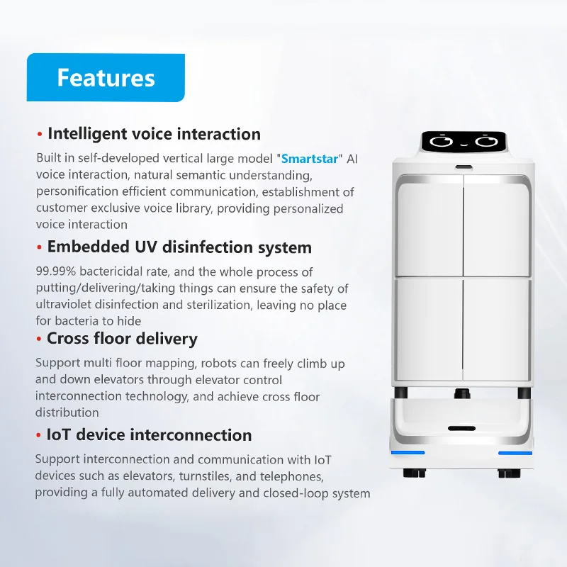 Advanced New Air System Autonomous Elevator 99.99 Percent Sterilization Robot with Lidar Navigation for Multi Floor Hotels