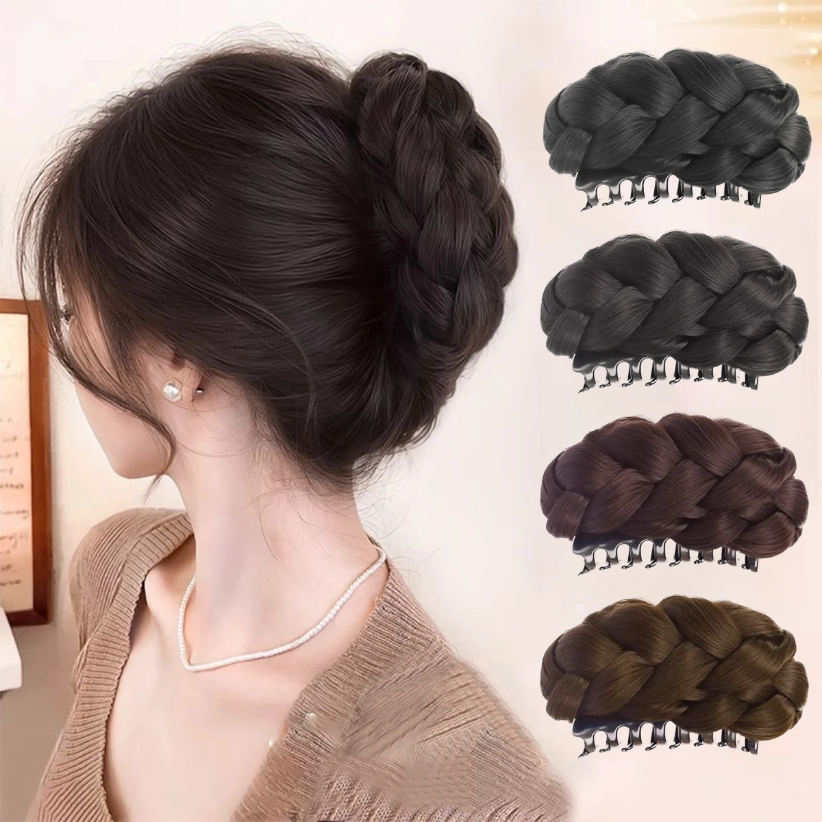 

4-inch synthetic twist ball head wig ponytail hair extension device with a bun sandwiched on a woman's ponytail