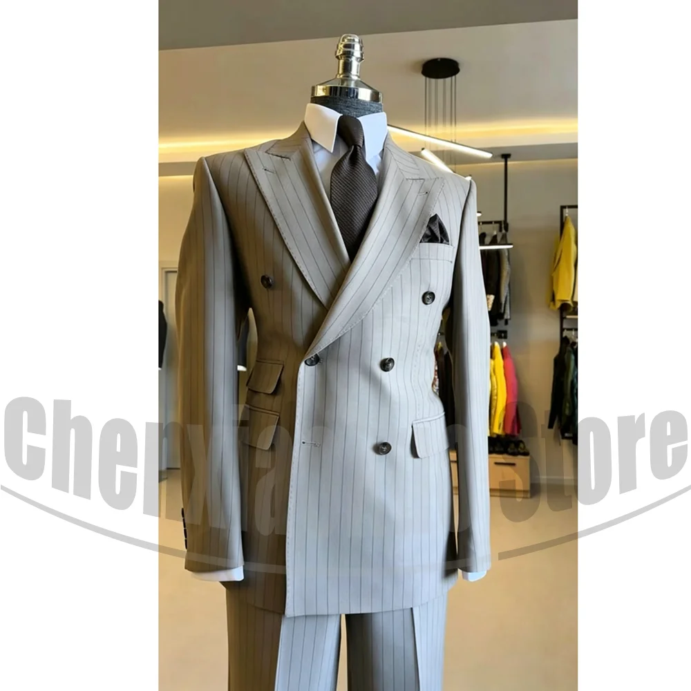 

Fashion Men Striped Two Piece Suit Slim Fit Double Breasted Wear Blazer and Pants Formal Business Wedding Gentleman Suits