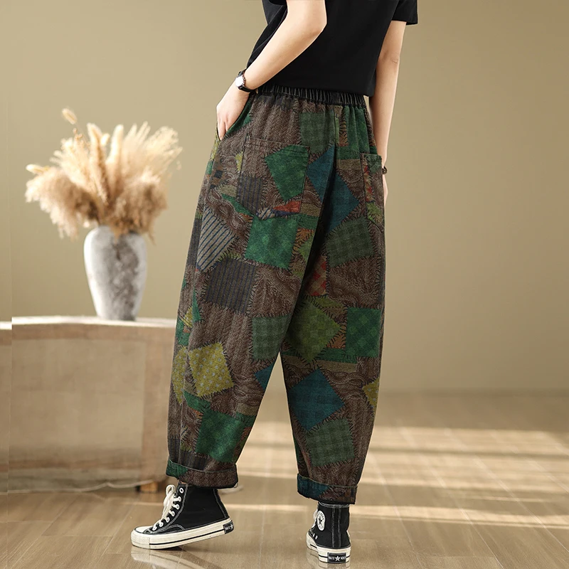 Celana Jeans Kasual Wanita Ukuran Besar Model Longgar, Pinggang Tinggi Elastis, Motif Blok Warna Retro Waed, Model Harlan Dad Pants, Efek Langsing