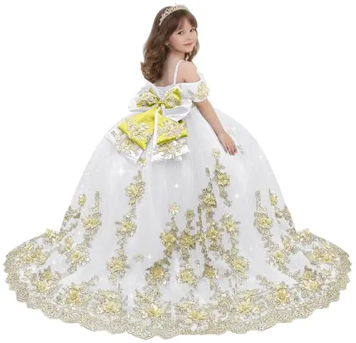 Luxurious Pink Tulle Fluffy with Quality Gold Appliques with Bow Flower Girl Dress for Wedding Birthday Bridesmaid Ball Gowns - view 6