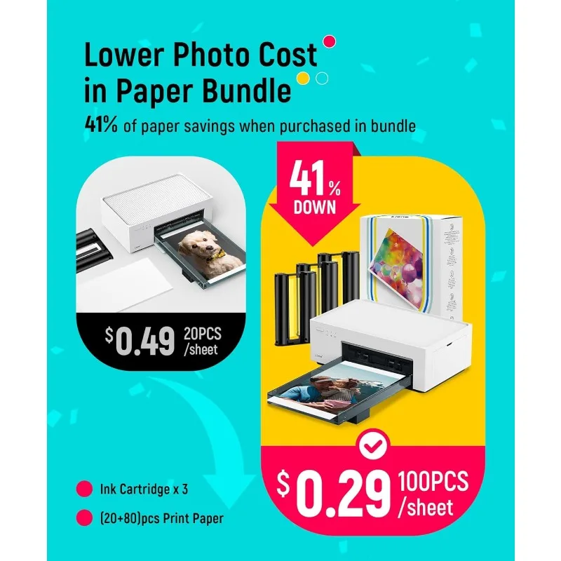 M100 4x6'' Photo Printer, Phone Printer 100 Sheets & 3 Cartridges, Full-Color Photo, Portable Instant Photo Printer