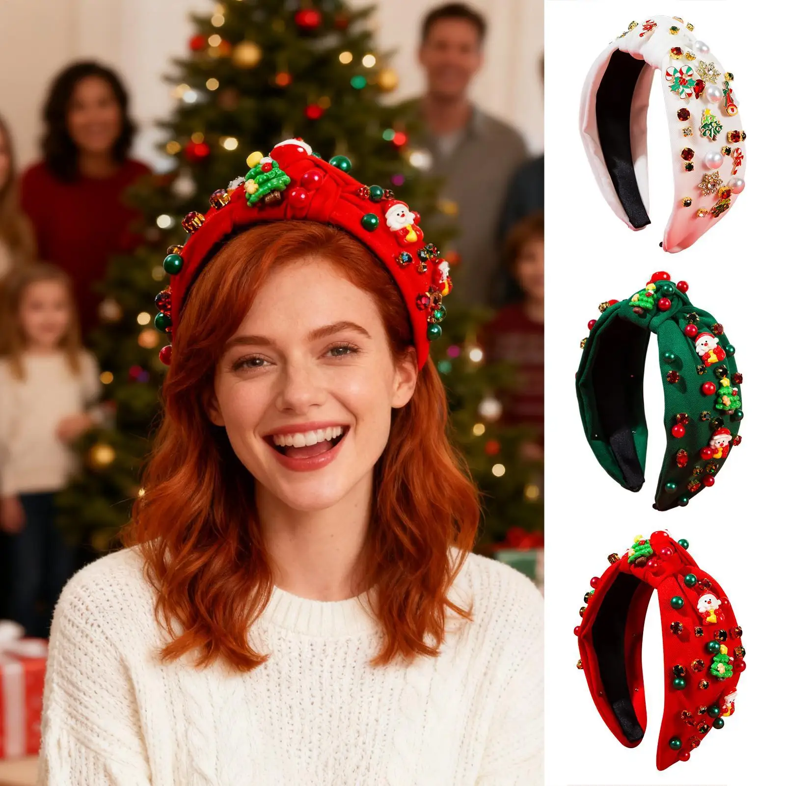

Элегантный рождественский комплект повязок на голову с рождественской елкой и жемчугом, широкая повязка на голову в стиле ретро для женщин