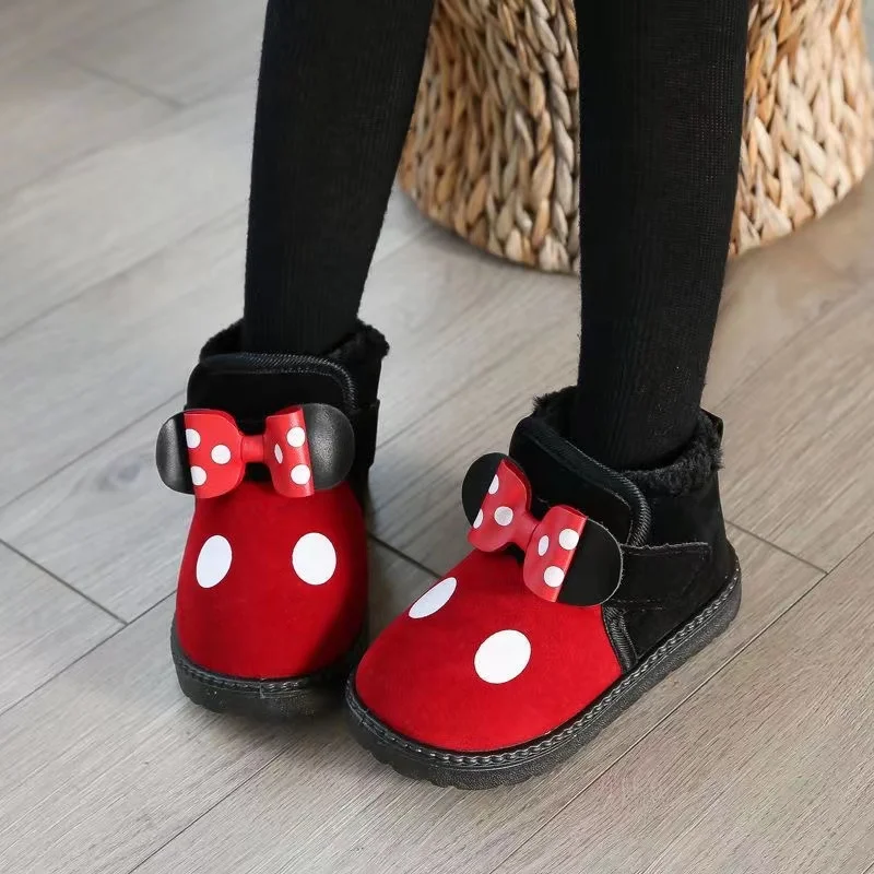 Minnie mouse Children's warm and thick snow boots  boys and girls' cute bow knot winter new snow boots cotton shoes