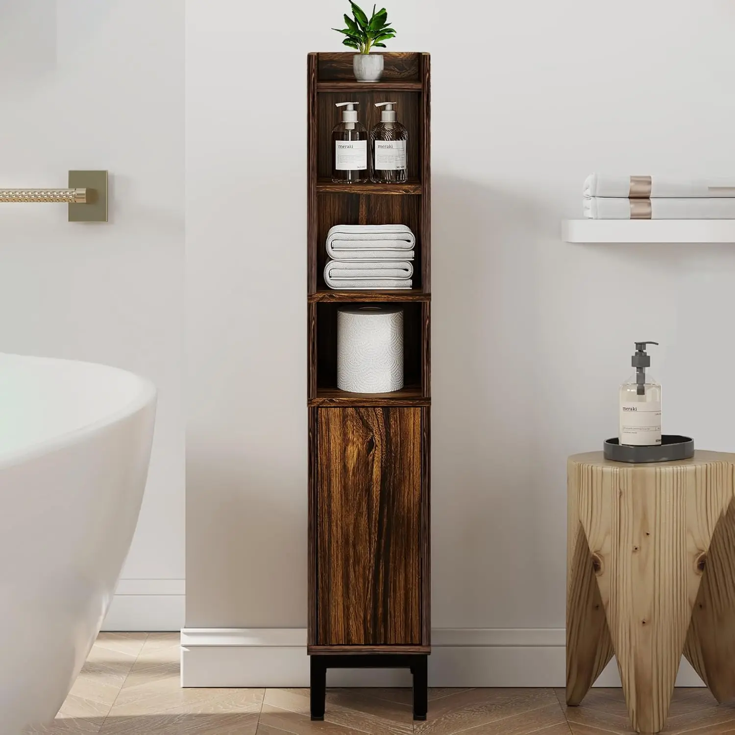 

Corner Bathroom Storage Cabinet with Door, 5-Tier Narrow Organizer for Small Spaces, Walnut