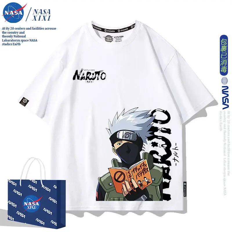 Camiseta blanca japonesa para niños, camiseta informal con cuello redondo y estampado de algodón puro de la marca Naruto Co, con dibujos animados de Anime, para padres e hijos