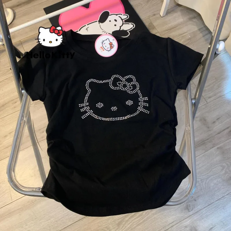 Y2k Diamonds Hello Kitty Sided t-shirt a maniche corte pieghettata per l'estate delle donne nuovo Design popolare vendita calda top abbigliamento