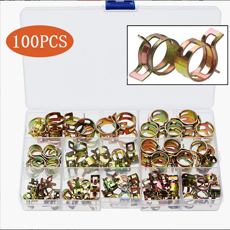 

100pcs 6/7/8/9/10/11/12/14/15/17mm Spring Hose Clamps Claps Clip Fuel Line Water Pipe Air Tube for Band Clamp Metal Fastener