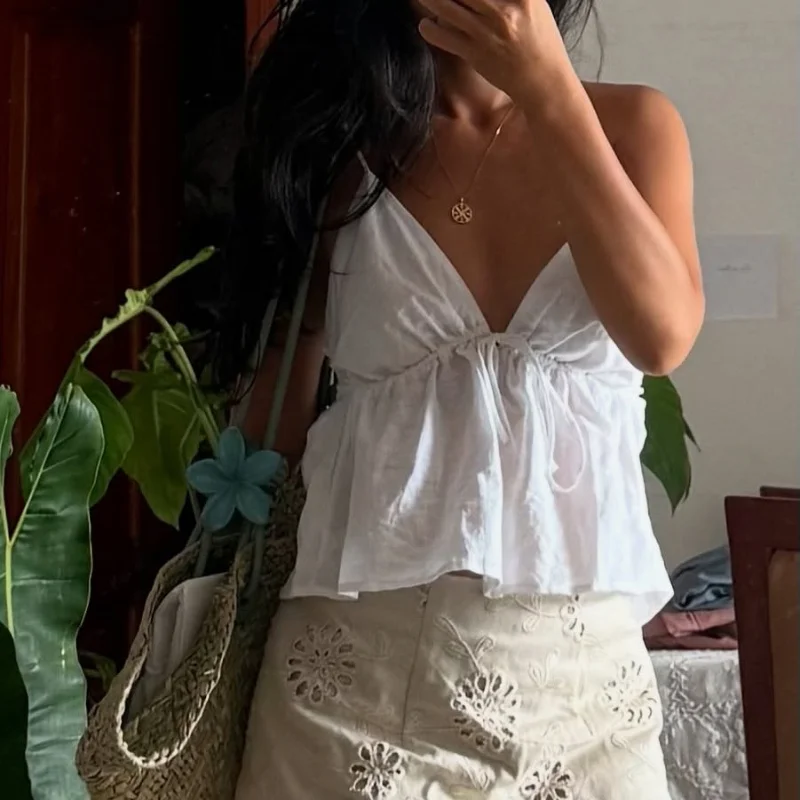 WhereMery Sexy Off Shoulder V-neck Backless Solid Crop Tops Y2K Casual Sleeveless Slim Tank Top Fashion New Daily Women Camisole image 4