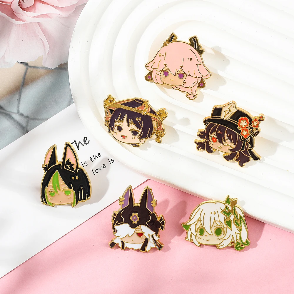 Q Version Genshin Impacts Characters Enamel Pin Mini Cartoon Wenti Xiao Hutao Kaedehara Kazuha Lapel Pin Badge Jewelry