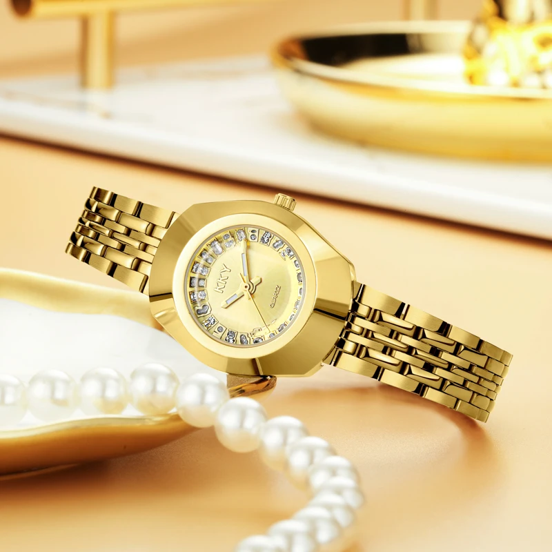 Reloj elegante de acero inoxidable dorado para mujer, reloj de pulsera de cuarzo a la moda de marca de lujo con calendario, reloj resistente al agua