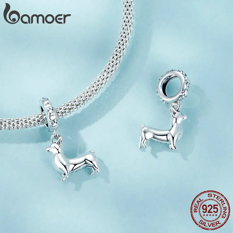 BAMOER 925 Sterling Silver Cute Corgi Charms do bransoletek, klasyczny psi Pawprint DIY wisiorek z koralikami biżuteria prezenty dla dla miłośników