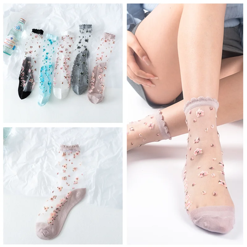 

Transparent Floral Embroidery Women Socks Summer Ultra-thin Crystal Silk Socks Low Tube Silk Socks Comfortable Breathable Sox