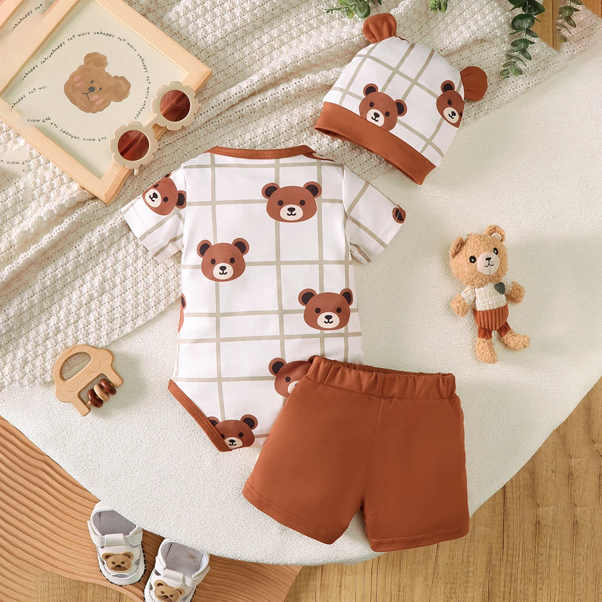 Baby Short-Sleeved Jumpsuit + Shorts + Hat Baby Summer Daily Casual Outing Outfit Summer Cute Bear Print Three-Piece Set