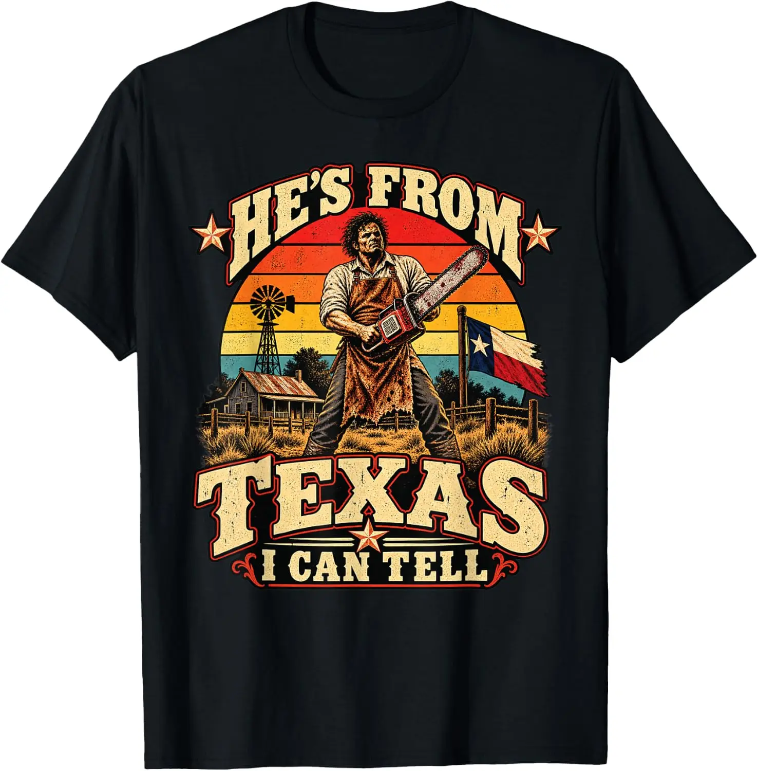Hes From Texas I Can Tell Chainsaw Horror Halloween Graphic T-Shirt Breathable, Stylish Pure Cotton Short-Sleeve Top—Suitable For All-Season Styling.
