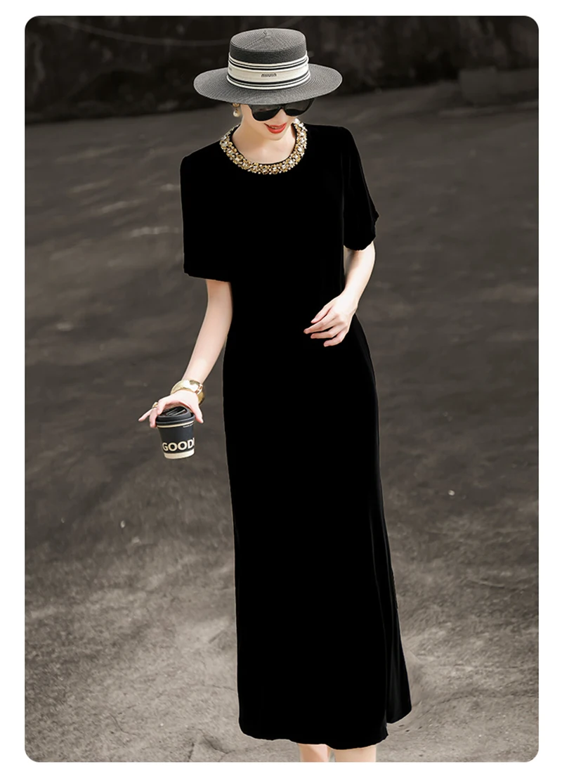 فستان نسائي من الحرير المخملي الطبيعي بالكامل مع زخرفة مطرزة، وسحر أنيق ونبيل. الفستان أملس ولامع #4