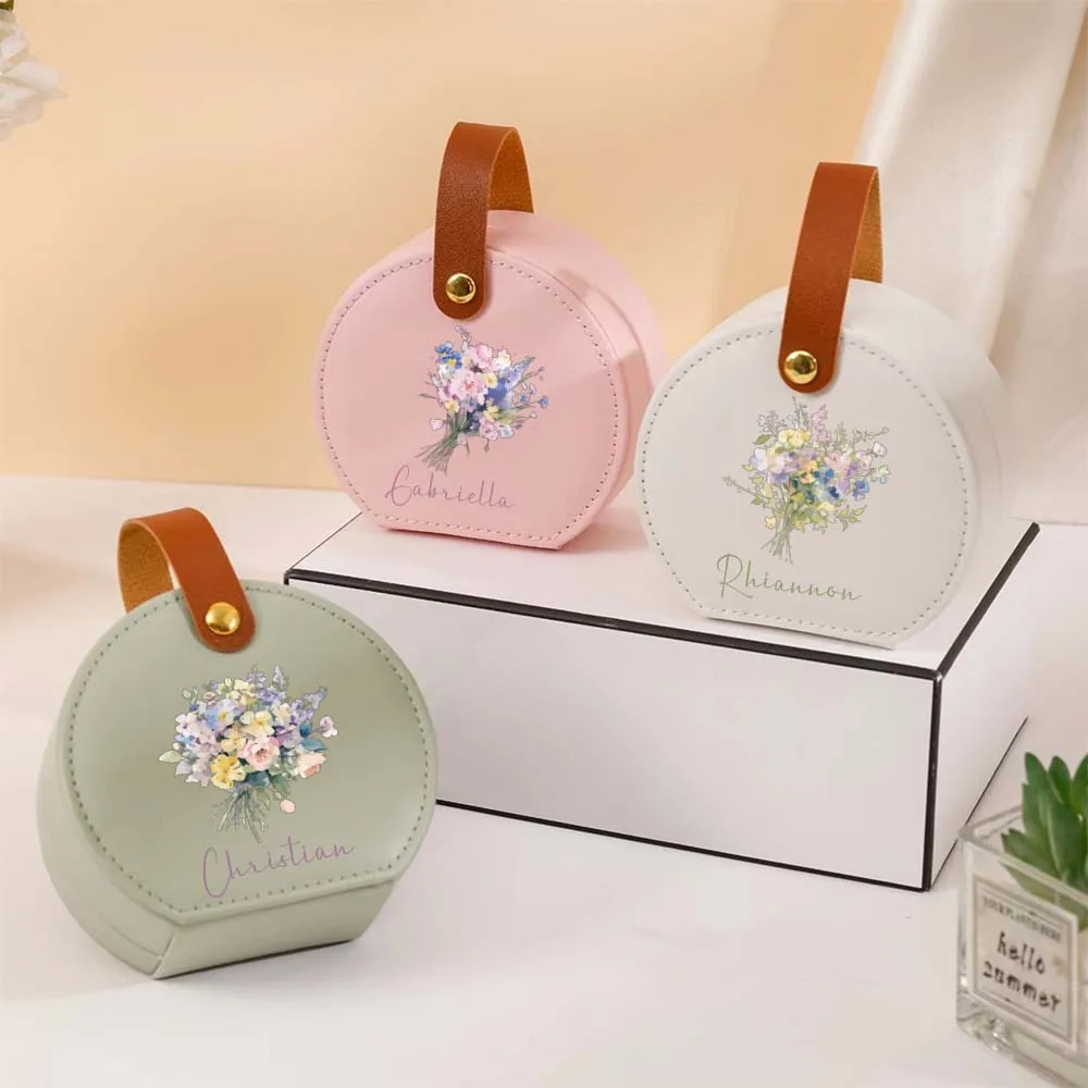 1 personalized name circular jewelry box, personalized design name customized imitation leather jewelry storage box, suitable fo