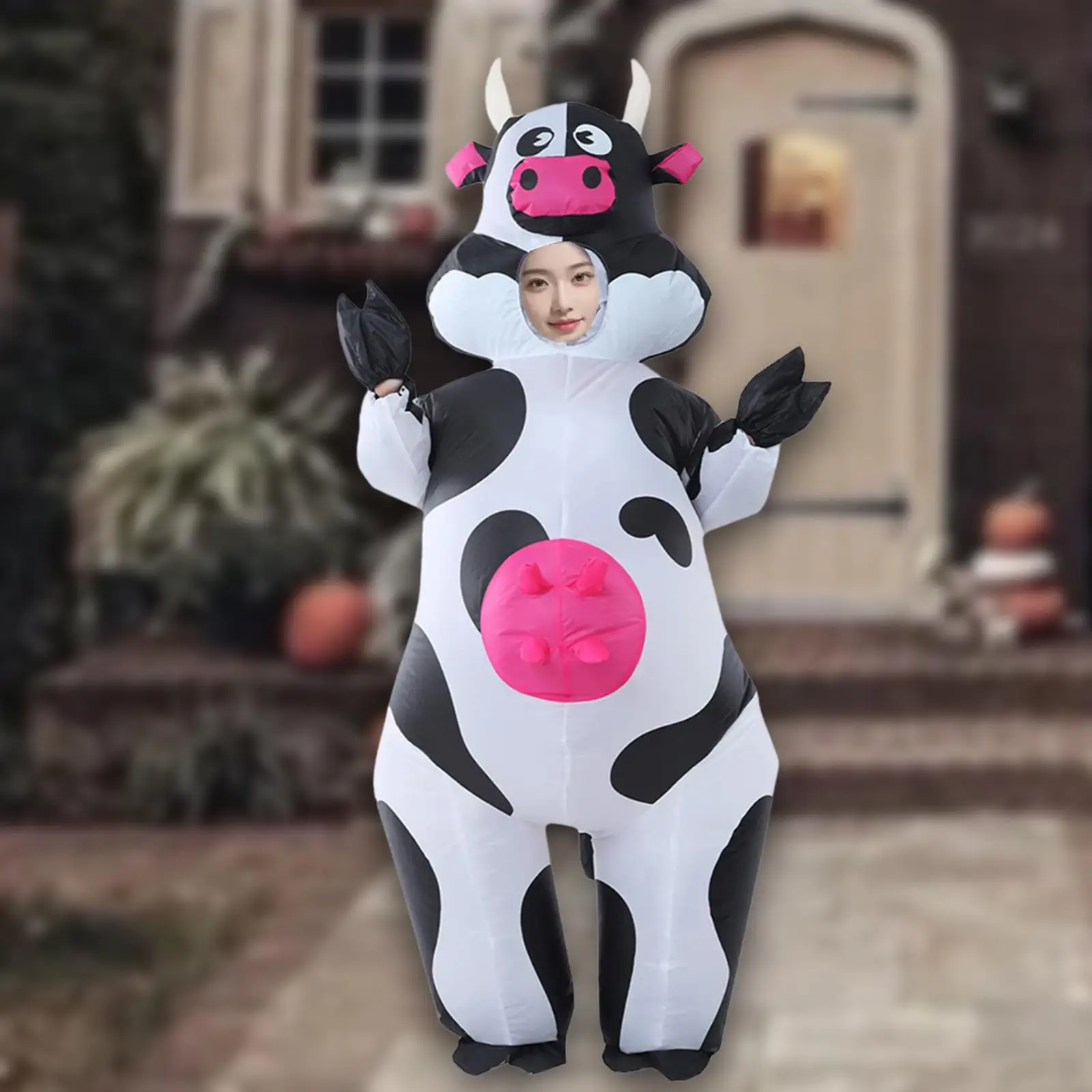 کے لیے Inflatable Cow Costume Cosplay Farm Animal Costume for Parade Stage Performance Funny Cow Jumpsuit for Halloween Christmas