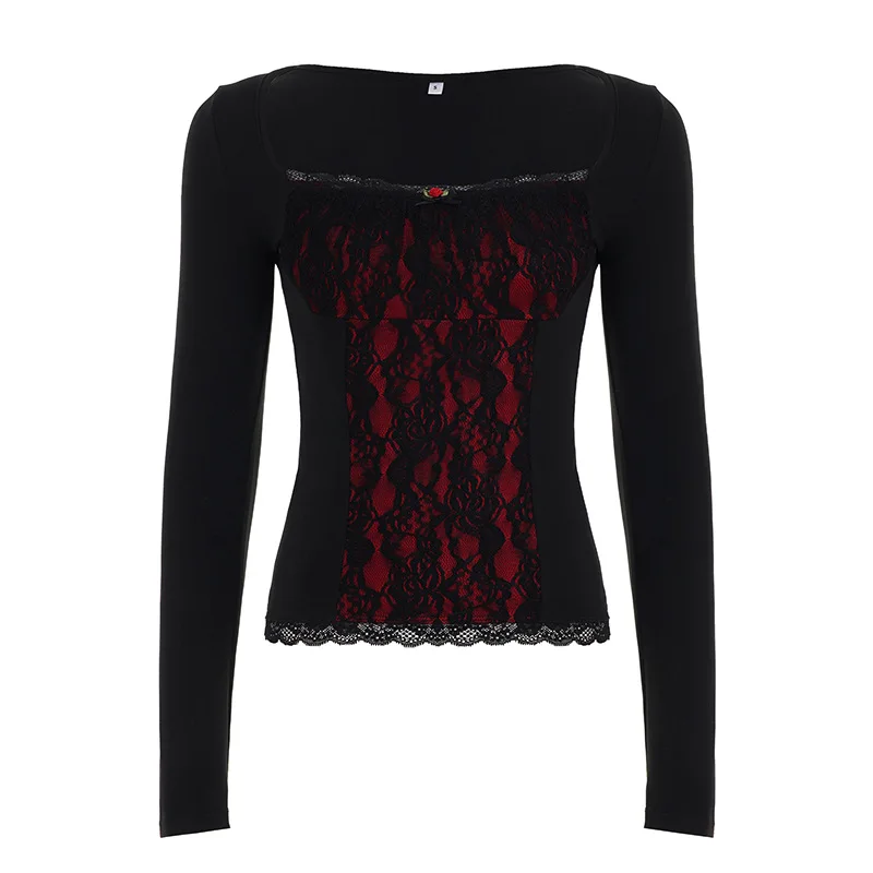 Gothic Lolita Rot-Schwarzes Spitzen-Patchwork Langarm-Oberteil Y2K Damen Quadratischer Ausschnitt Figurbetontes Gothic E-Girl Crop Top – Detail 7