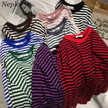 Neploe 2025 outono listrado suéteres médio-longo causal pullovers fino o-pescoço topo coreano streetwear roupas femininas