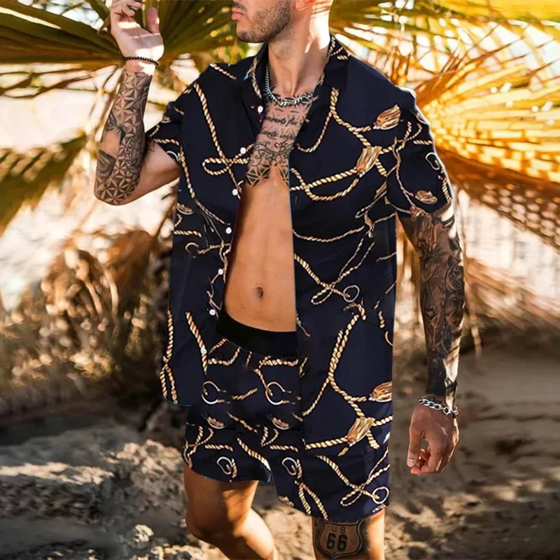 Men's Hawaiian Printed Set Casual Streetwear Button Short Sleeve Shirt&Beach Shorts Set for Men 2023 Summer Two-piece S-3XL
