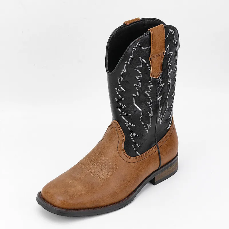 Designer Embroidery Retro Handmade Men Boots Fashion Western Cowboy Boot Square Toe High Boots Hand Stitching Outdoor Men Shoes