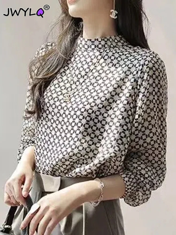 Spring Autumn Chiffon Printing Shirts Blusas All-match O-neck Long Sleeve Pullover Tops Fashion Slim Thin Office Women Clothing