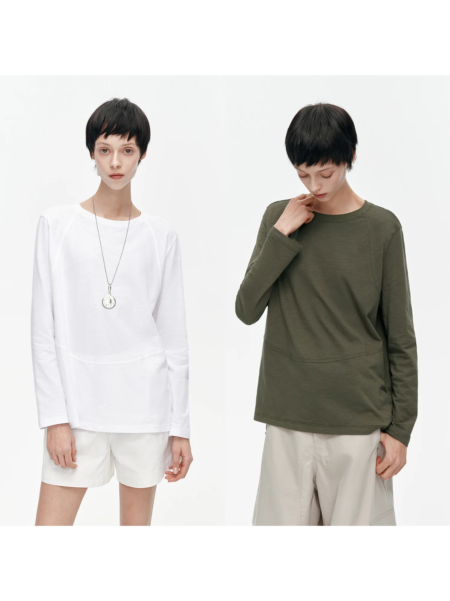 

Hua Ji Yan【Forest Breath】00% Cotton Skin-friendly Breathable Knitted Long Sve round Ne Base T-irt Women's Top