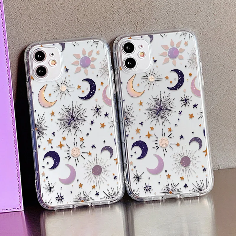 Celestial Sun Moon Star Print Transparent Phone Case for Apple iPhone 18 17 16 15 14 13 12 Pro Max 11 Cushion Anti-drop Clear