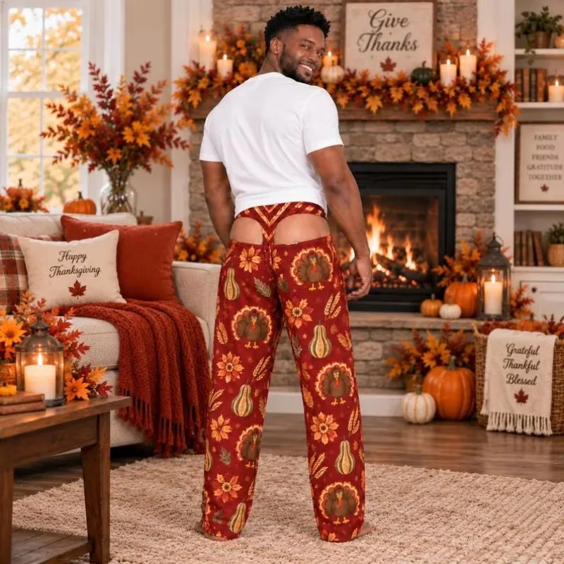 2026 New Fun Fake Hip Hollow Out Christmas Pumpkin Printed Neutral Straight Leg Pants, Christmas Party Holiday Casual Pants